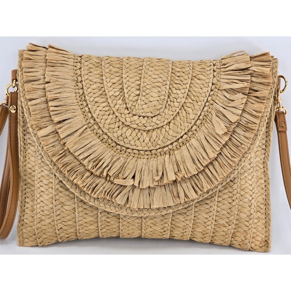Chic Straw Fringed Crossbody Bag Womens Medium Tan Boho - Excellent
